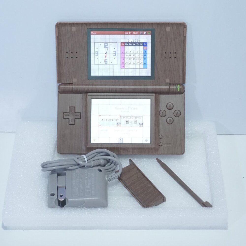 Nintendo DS Lite Brown Wood Grain Handheld Game System with Charger & Stylus Pen